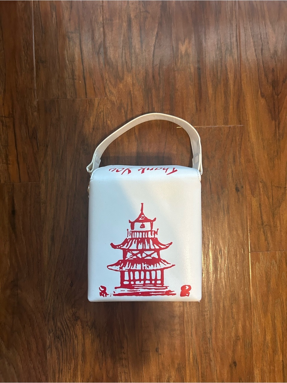 Take Out Box Pursue White Tote Bag with Red Pagoda Design